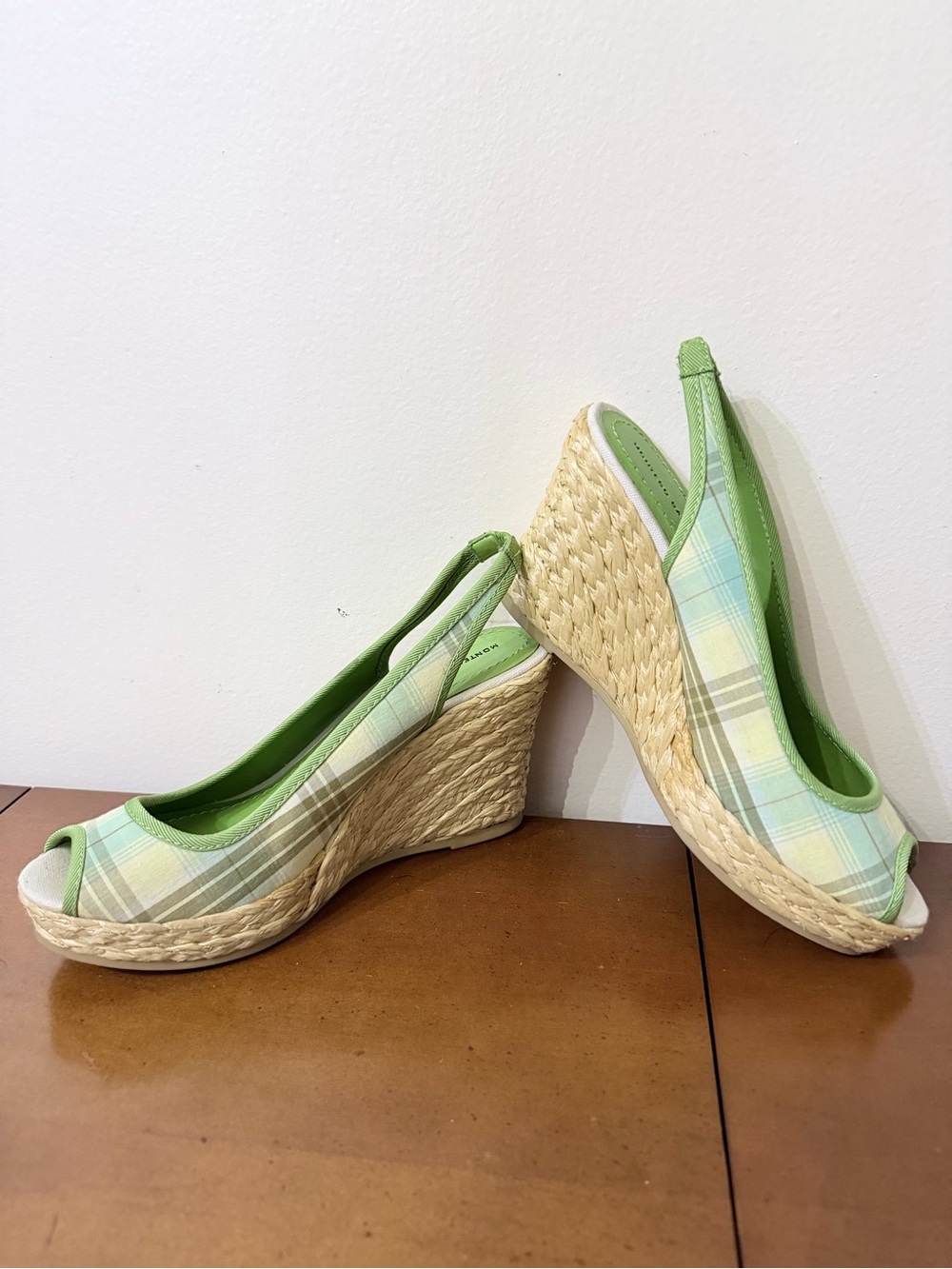Vintage 90s Y2K Brat Lime Green Plaid Sling Back Wedge Heels Peep Toe 8 Bratz Pr